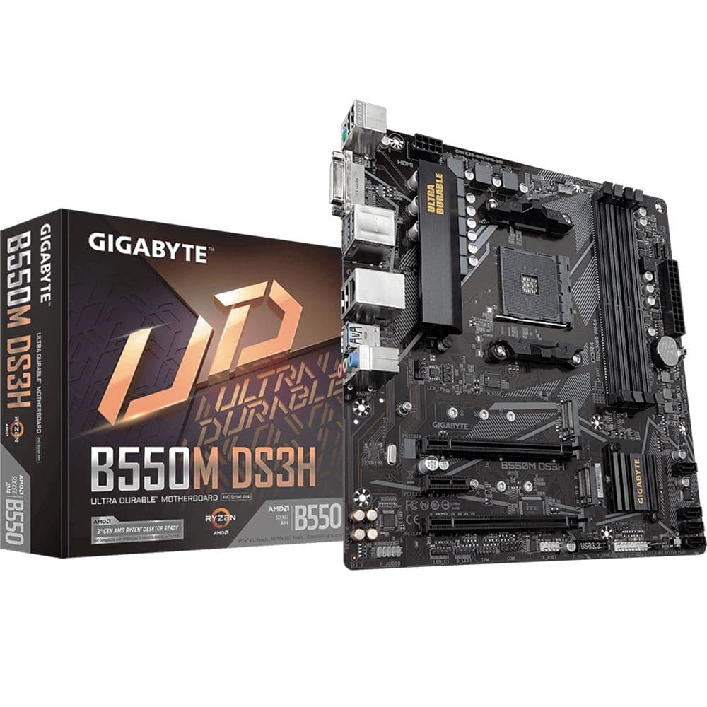 Материнская плата Gigabyte B550M DS3H, Socket AM4, AMD B550, 4xDDR4-3200, DVI-D+HDMI, 2xPCI-Ex16, 1xPCI-Ex1, 4xSATA3(RAID 0/1/10), 2xM.2, 8 Ch Audio, GLan, (4+2)xUSB2.0, (4+2)xUSB3.2, 1xPS/2, mATX, RTL (809416) OEM