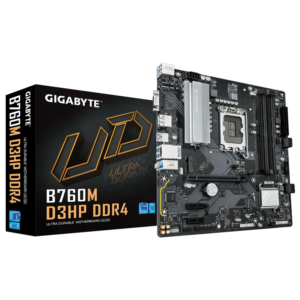 Материнская плата Gigabyte B760M D3HP DDR4, RTL Socket 1700, Intel®B760, 4xDDR4-3200, D-SUB+HDMI+DP, 1xPCI-Ex16, 2xPCI-Ex1, 4xSATA3(RAID 0/1/5/10), 2xM.2, 8Ch Audio, GLan, (2+4)xUSB2.0, (3+2)xUSB3.2, (0+1)xUSB3.2 Type-C™, 1xPS/2, ATX, RTL