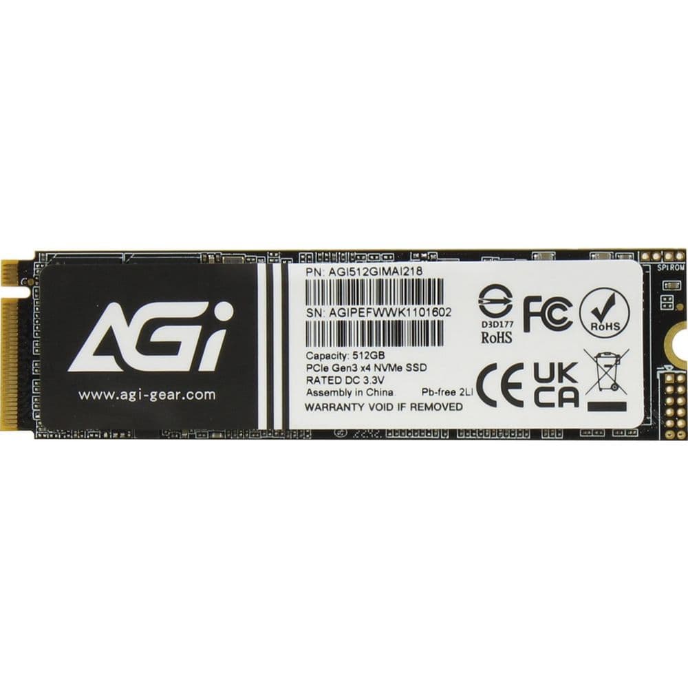 Твердотельный накопитель SSD AGI M.2 2280 512GB AI218 Client SSD PCIe Gen3x4 with NVMe, 3080/2200, IOPS 183/306K, MTBF 1.6M, 3D NAND TLC, 1024MB, 200TBW, 0,36DWPD, Bulk