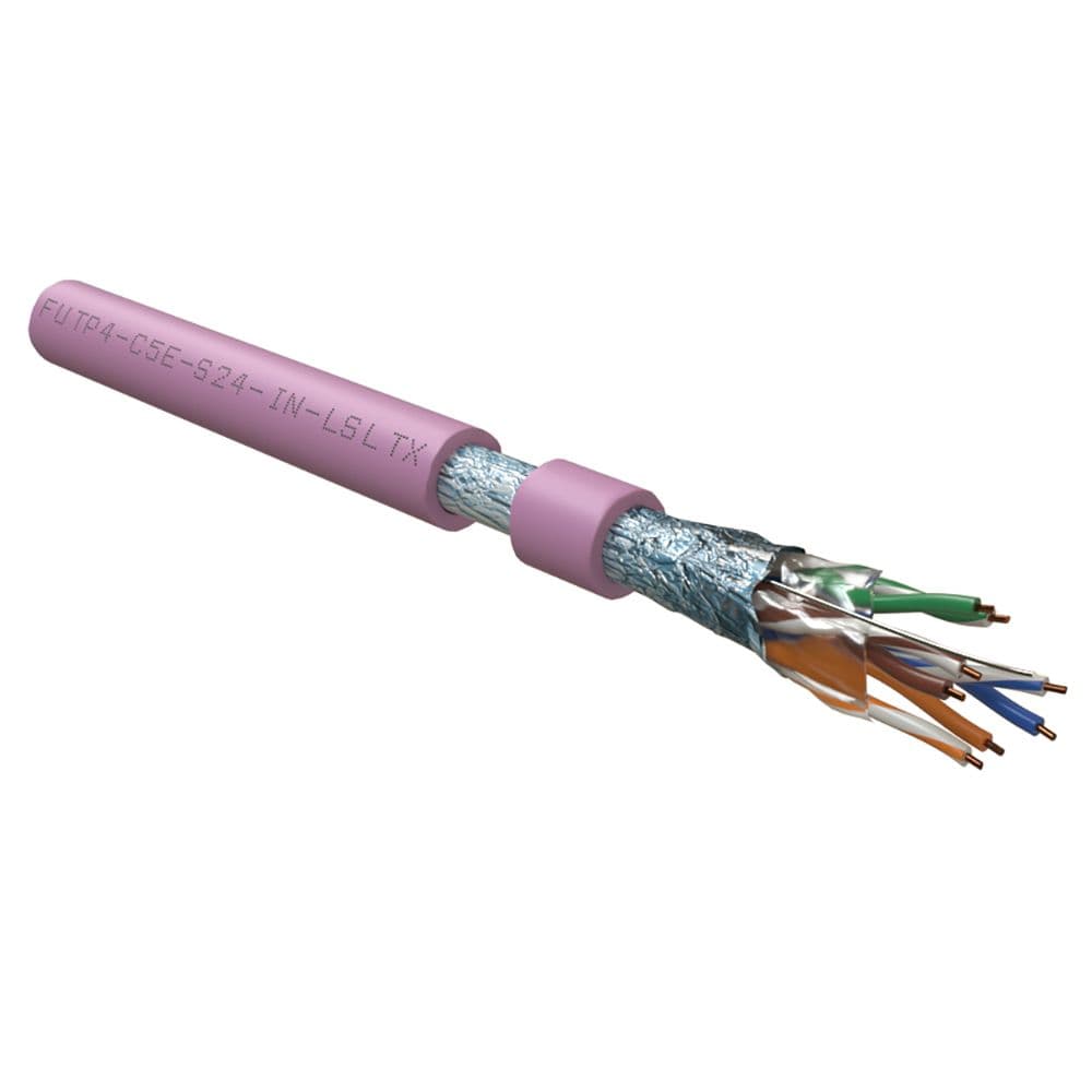 Кабель Hyperline FUTP4-C5E-S24-IN-LSLTX-PK-305 (305м) витая пара, экранированный F/UTP, общий экран фольга, категория 5e, 4 пары 24 AWG, 4х2х0,51 мм, однопроволочныежилы, нг(А)-LSLTx, внутренний -20°C – +60°C, розовый,системная гарантия 25 лет