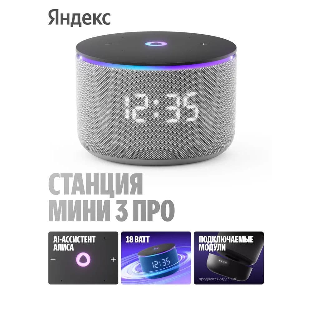 Умная колонка Yandex Станция Мини 3 Про Алиса серый 18W 1.0 BT/Wi-Fi (YNDX-00059GRY)