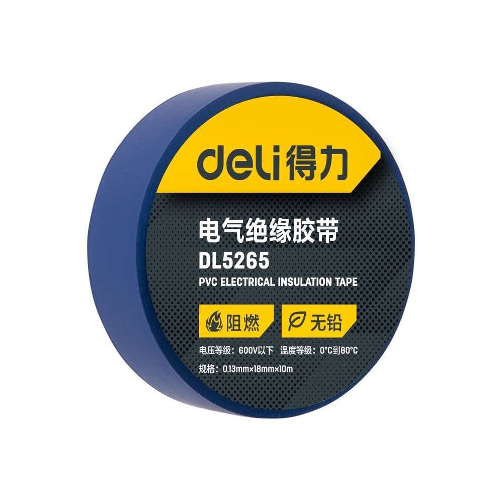 Изолента Deli DL5265 синяя, 0,13мм х 18мм х 9,15м, напряжение до 600В, температурный диапазон 0-80 грд., ПВХ