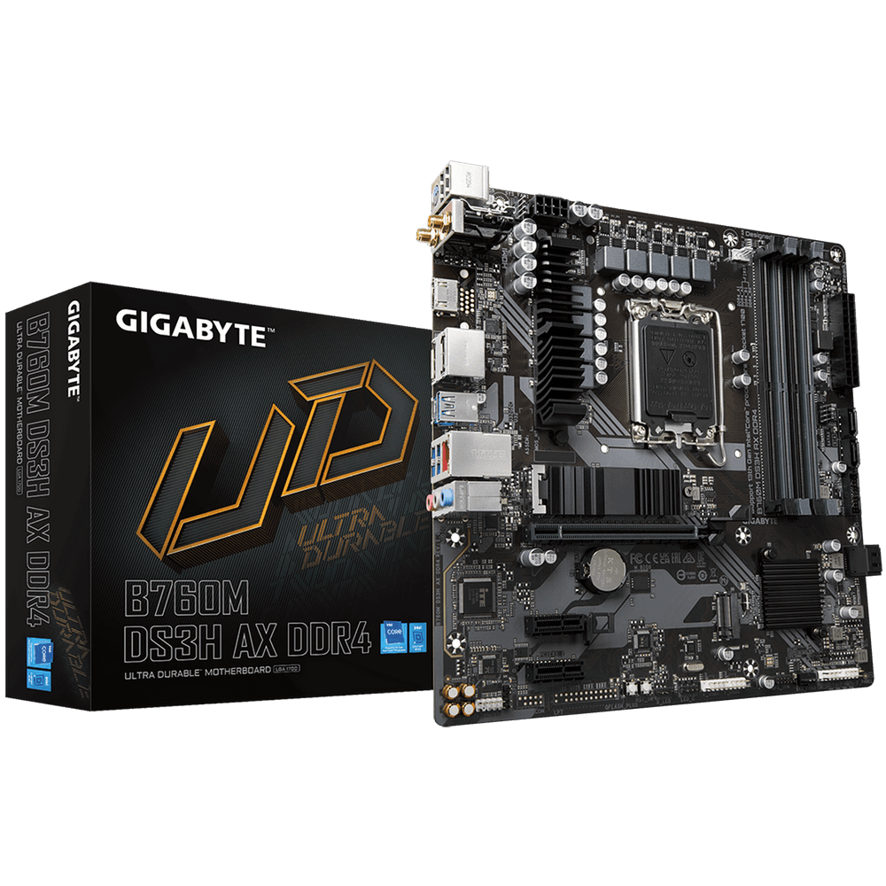 Материнская плата Gigabyte B760M DS3H AX DDR4, Socket 1700, Intel®B760, 4xDDR4-3200, HDMI+DP+DP, 1xPCI-Ex16, 2xPCI-Ex1, 4xSATA3(RAID 0/1/5/10), 2xM.2, 8Ch Audio, GLan, WiFi, (2+4)xUSB2.0, (3+2)xUSB3.2, (1+0)xUSB3.2 Type-C™, 1xPS/2, mATX, RTL