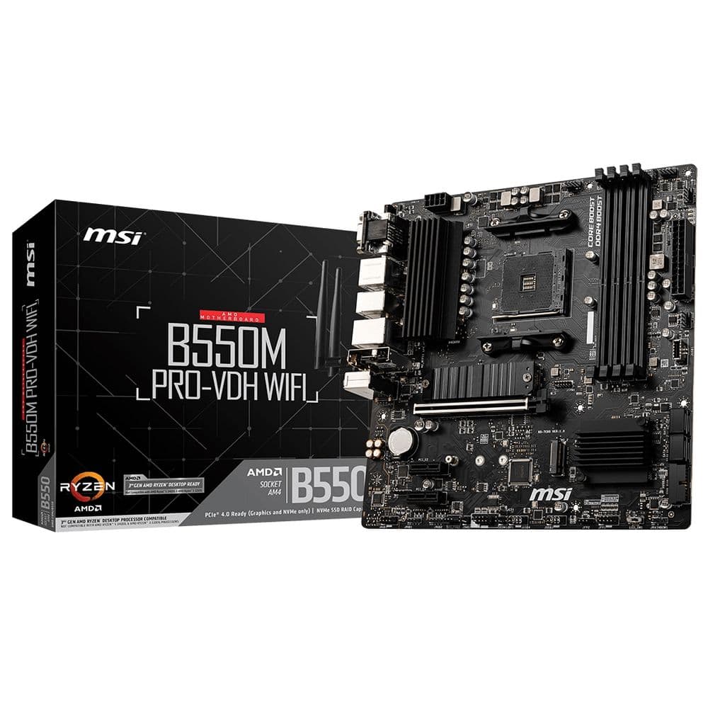 Материнская плата MSI Bad Pack B550M PRO-VDH WIFI B550, AM4, 4*DDR4, 1*PCIEx16, 2*PCIEx1, 2*M.2, 1*TypeC, 6*USB3.2Gen1, 6*USB2.0, 4*SATA3.0, 1G, VGA, DP, HDMI, M-ATX, RTL