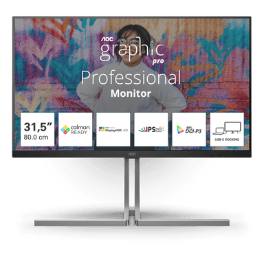 Монитор 31.5" AOC U32U3CV IPS, 3840x2160, 60Hz, 4ms, 400сd/m, 1000:1, HDR10 | 2xHDMI(2.0), DP(1.4), Type-C(PD-96W), 4xUSB 3.2, RJ45 | HAS, InPSU, Speakers, Vesa 100, Black/Grey