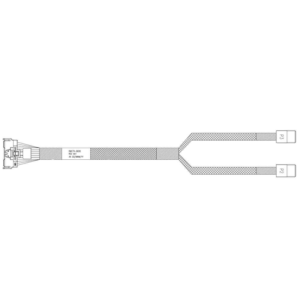 Кабель Amphenol RMC74-8690 Cable MCIO x8 74P (прямой) -TO- 2x HD MiniSAS 4i 36P (SFF8643 прямой) , 85 Ohm, SAS 4.0 / PCIe 4.0, L:80cm