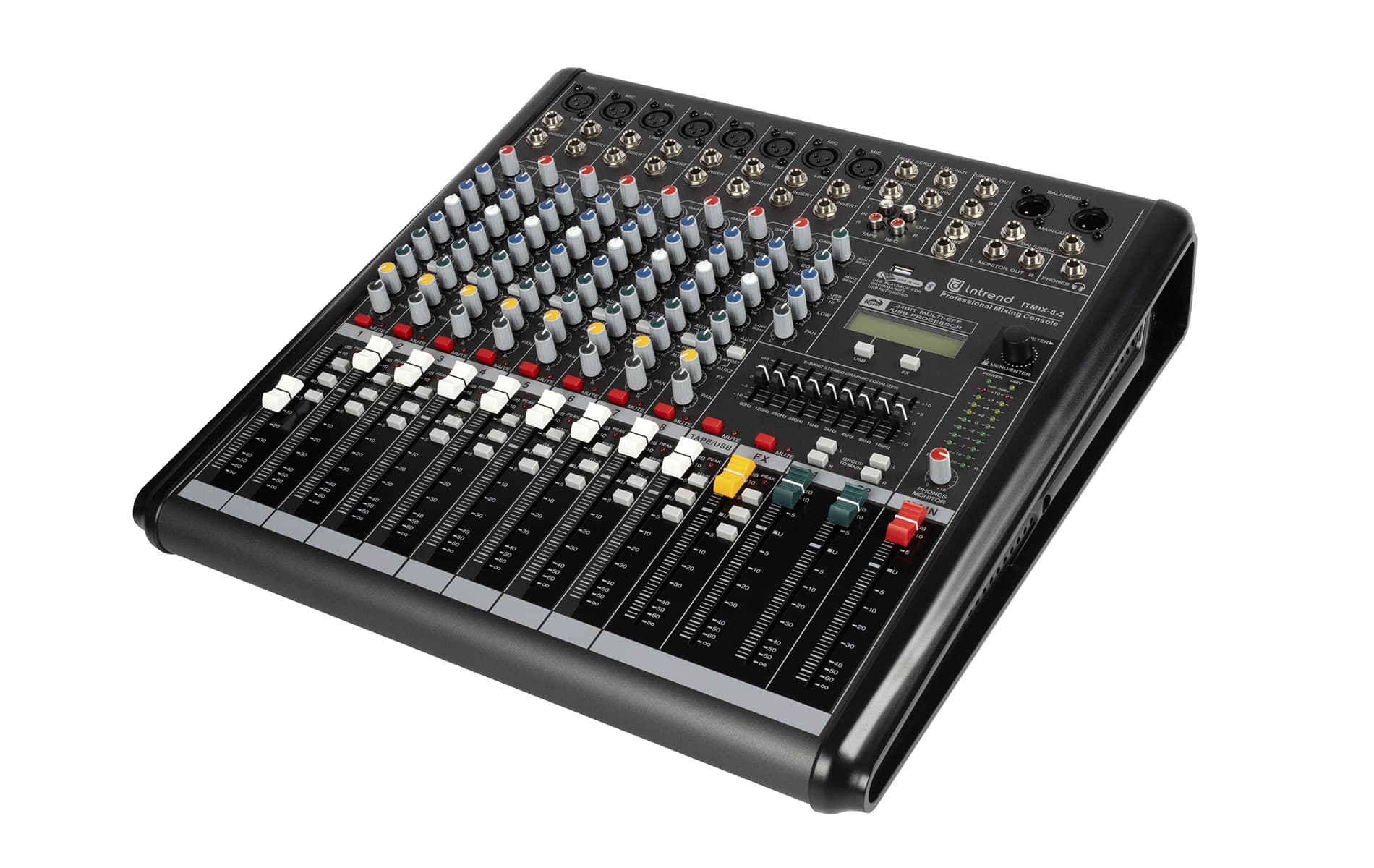 Микшер INTREND ITMIX-8-2 аналоговый, 12 входов (8 аналоговых, 1 стерео, 2 USB), 2 группы, эффекты