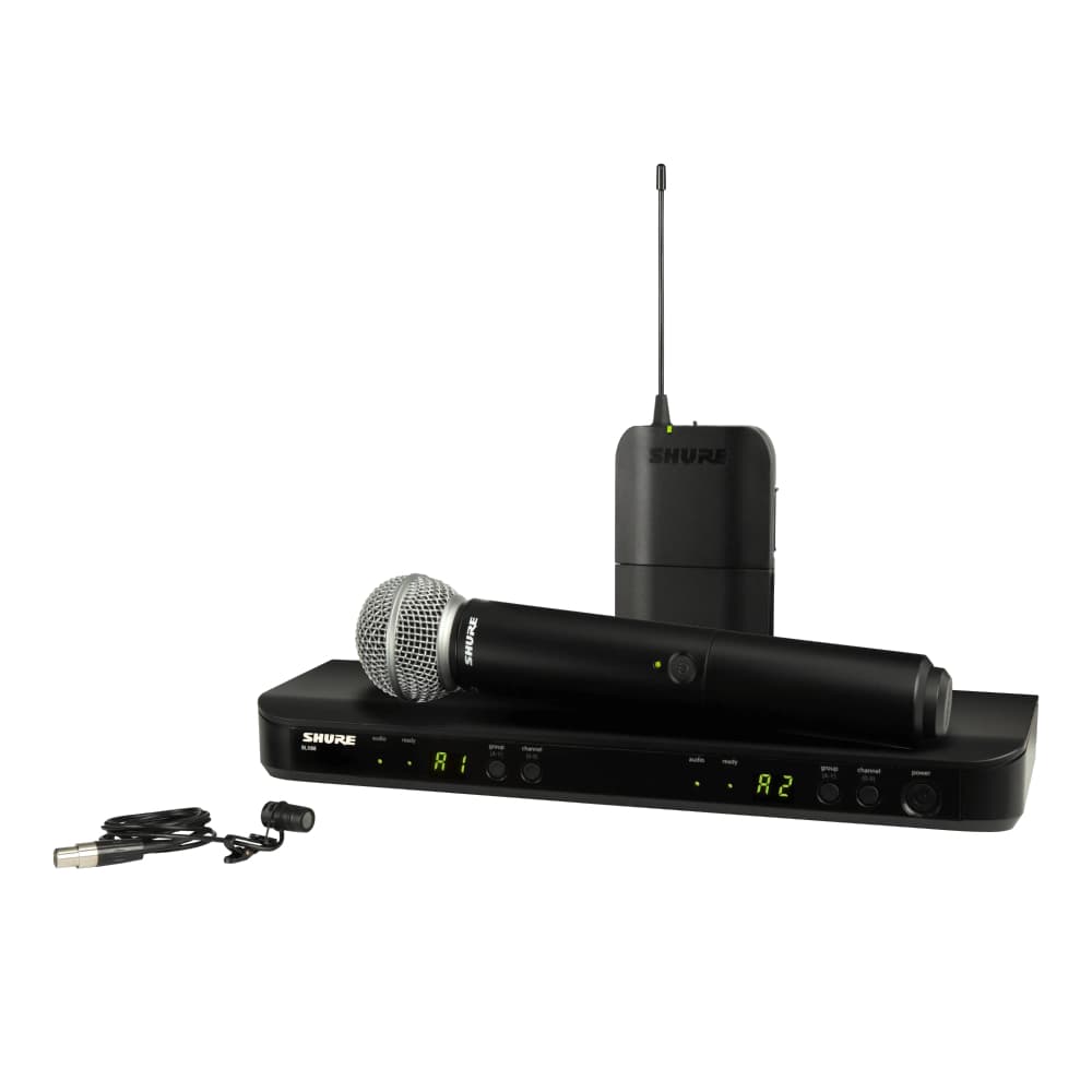 Микрофонная система SHURE BLX1288E/W85-M17 беспроводная, двухканальная, с петличным микрофоном WL185 и ручным передатчиком SM58, частота UHF 662-686 МГц