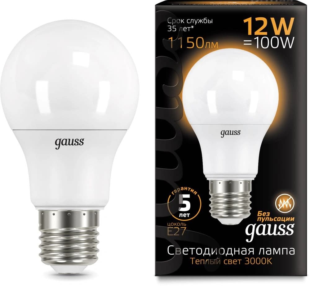 Лампа светодиодная Gauss A60 12Вт цок.:E27 груша 220B св.свеч.бел.теп. A60 (упак.:1шт)