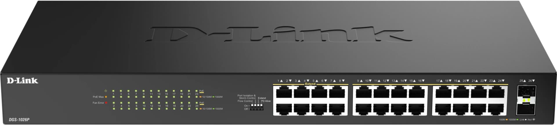 Коммутатор D-Link DGS-1026P DGS-1026P/A1A (L2) 24x1Гбит/с 2SFP 24PoE 240W неуправляемый