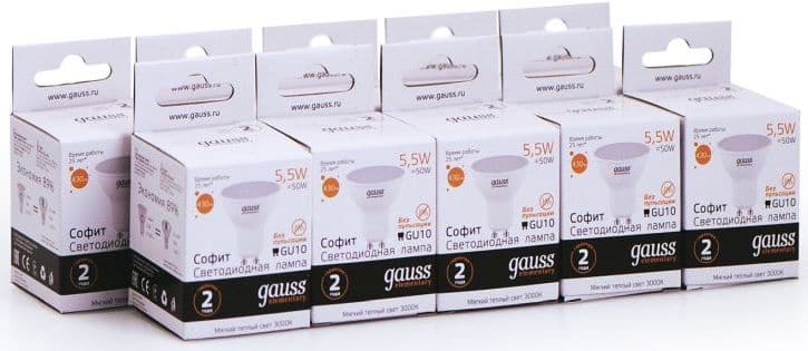 Лампа светодиодная Gauss Elementary MR16 5.5Вт цок.:GU10 спот 220B св.свеч.бел.теп. (упак.:10шт)