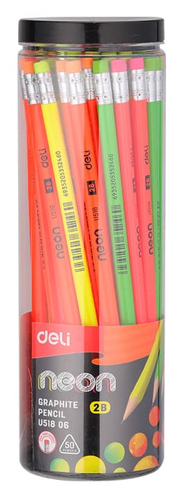 Набор карандашей чернографитных Deli EU51806 Neon 2B, трехгранный, тополь, туба пластиковая (50шт)