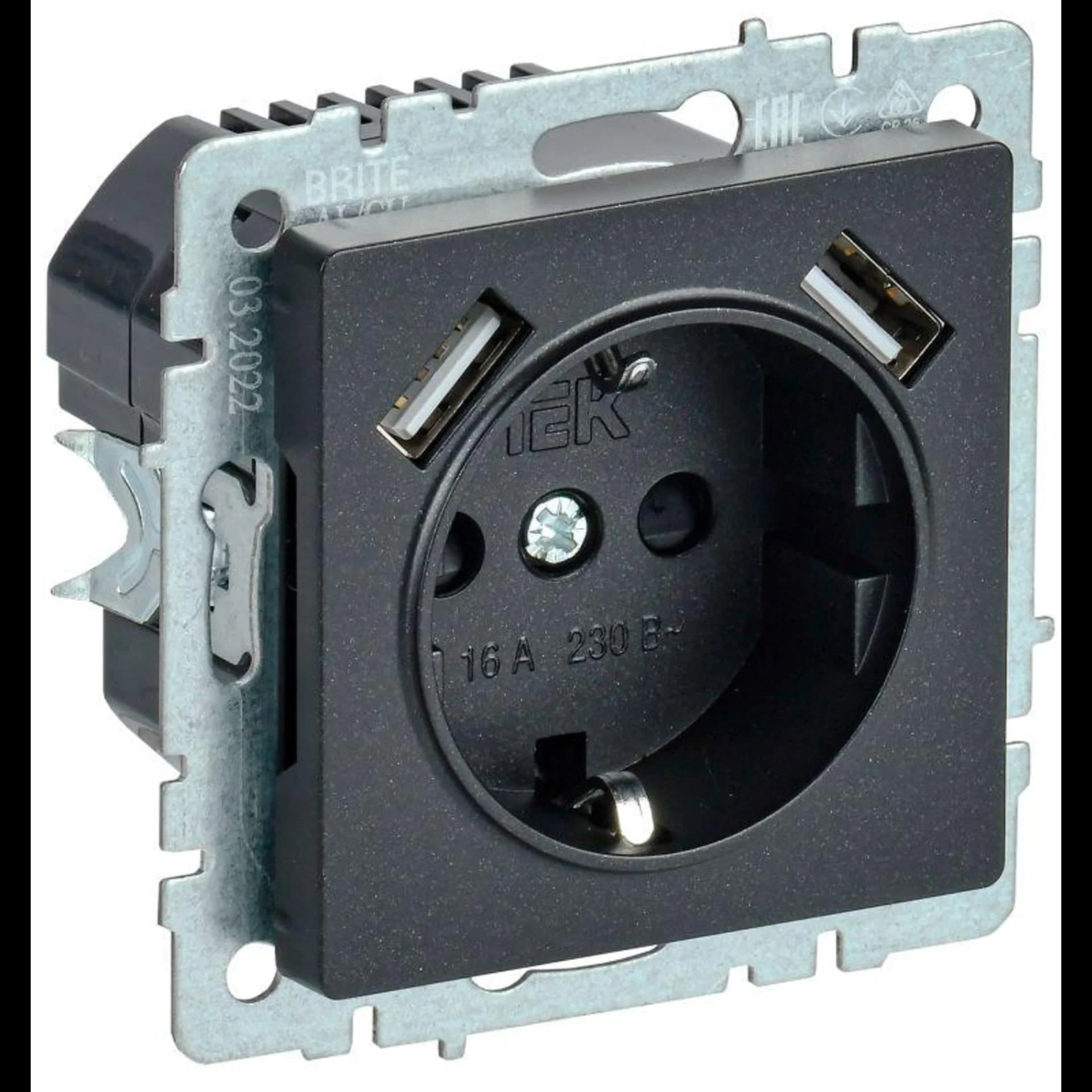 Розетка BRITE РЮш10-1-БрЧ 16А с USB A+A 2.1А с заземл. защ. шторки черн. IEK BR-R14-16-U21-D21-K02