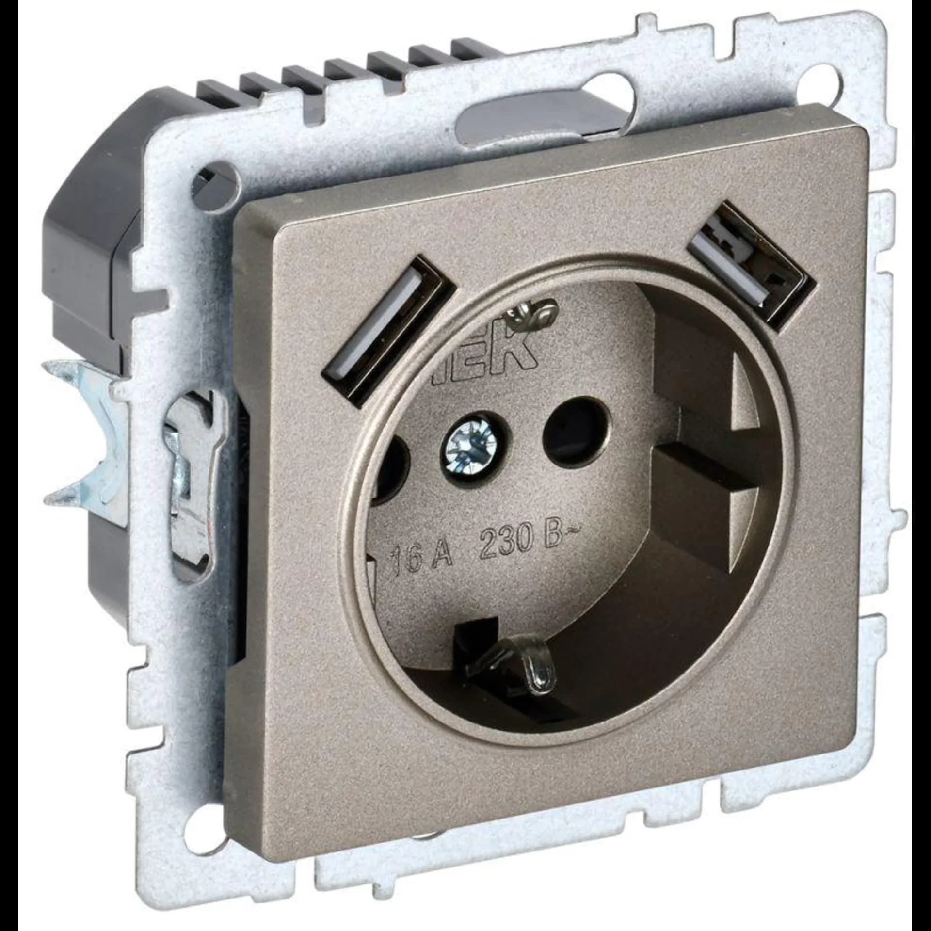 Розетка BRITE РЮш10-1-БрШ 16А с USB A+A 2.1А с заземл. защ. шторки шампань IEK BR-R14-16-U21-D21-K37