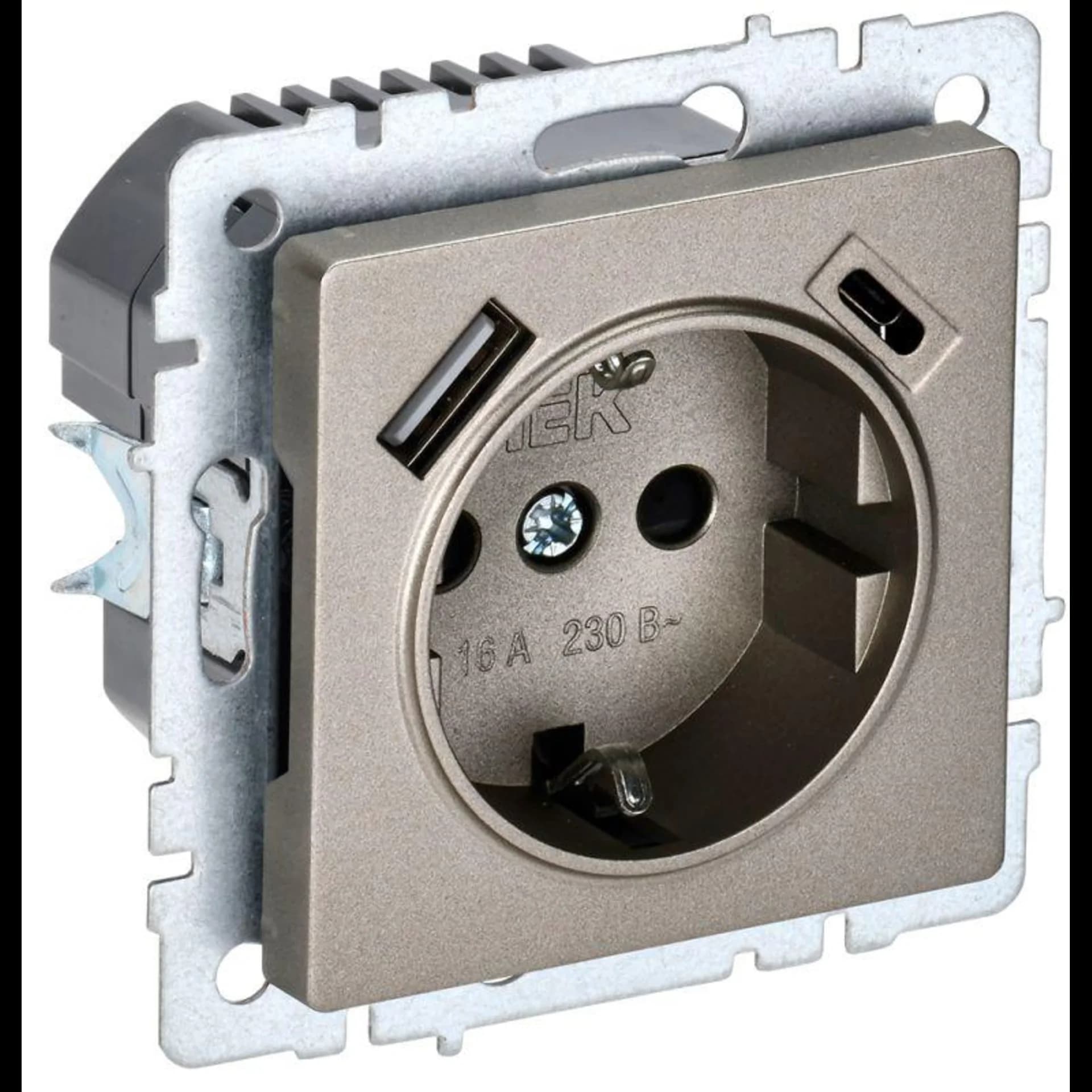 Розетка BRITE РЮш11-1-БрШ 16А с USB A+C 18Вт с заземл. защ. шторки шампань IEK BR-R14-16-U22-018-K37