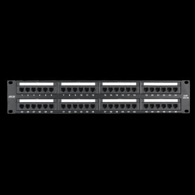 Коммутационная панель NETLAN 19", 2U, 48 портов, Кат.5e (Класс D), 100МГц, RJ45/8P8C, 110/KRONE, T568A/B, неэкранированная, черная