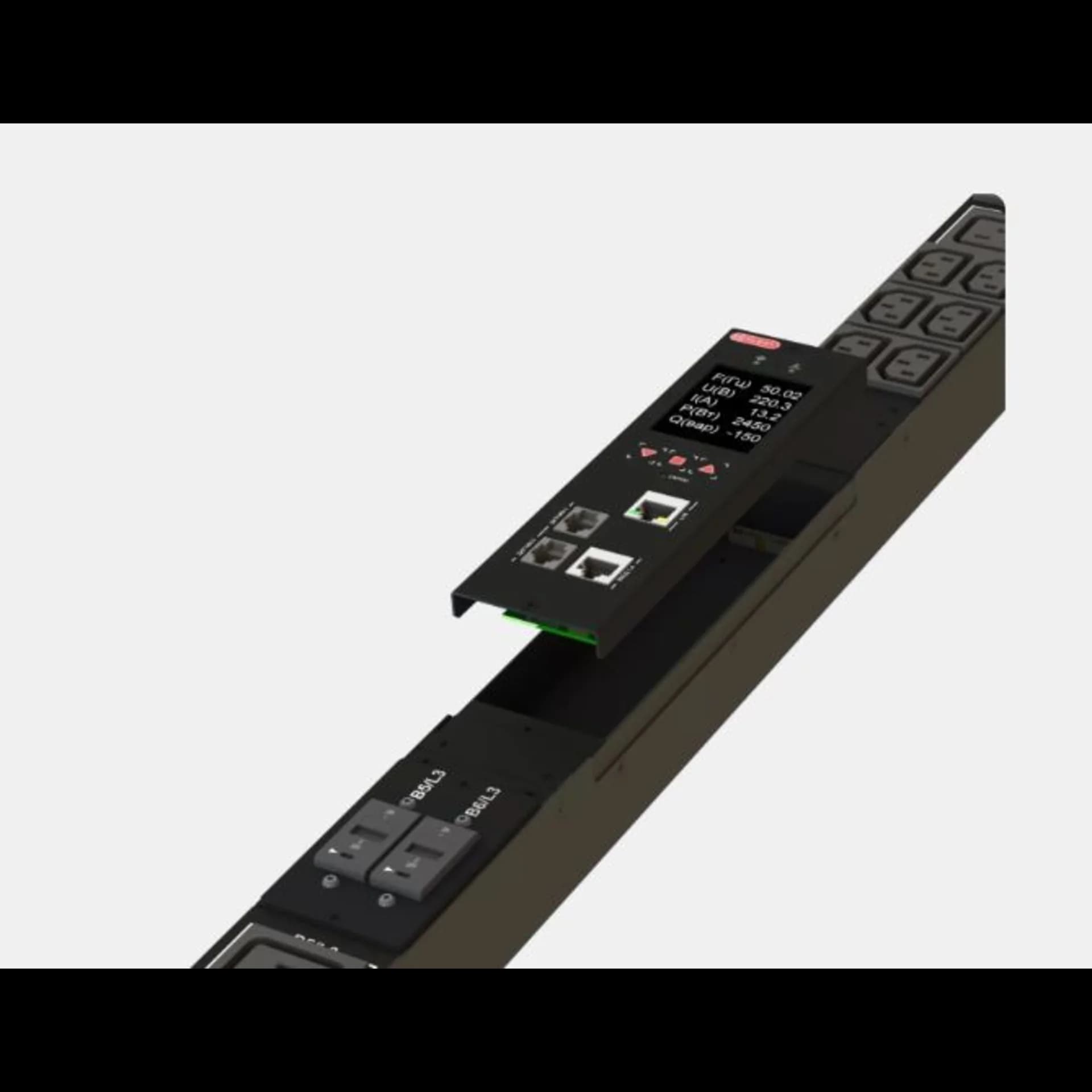 Блок розеток интеллектуальный iPDU-6033: ZeroUnit, 400V, 32А, in IEC60309 3P+N+E, out (6) C19; (36) C13 c фиксацией p-lock