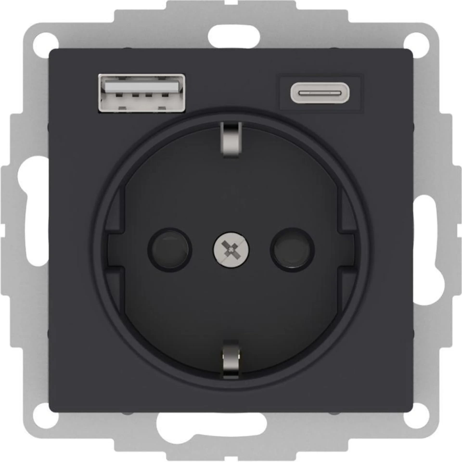 Розетка AtlasDesign 16А с 2-мя заряд. устройствами USB тип A+C 5В/2.4А 2х5В/1.2А механизм карбон SE