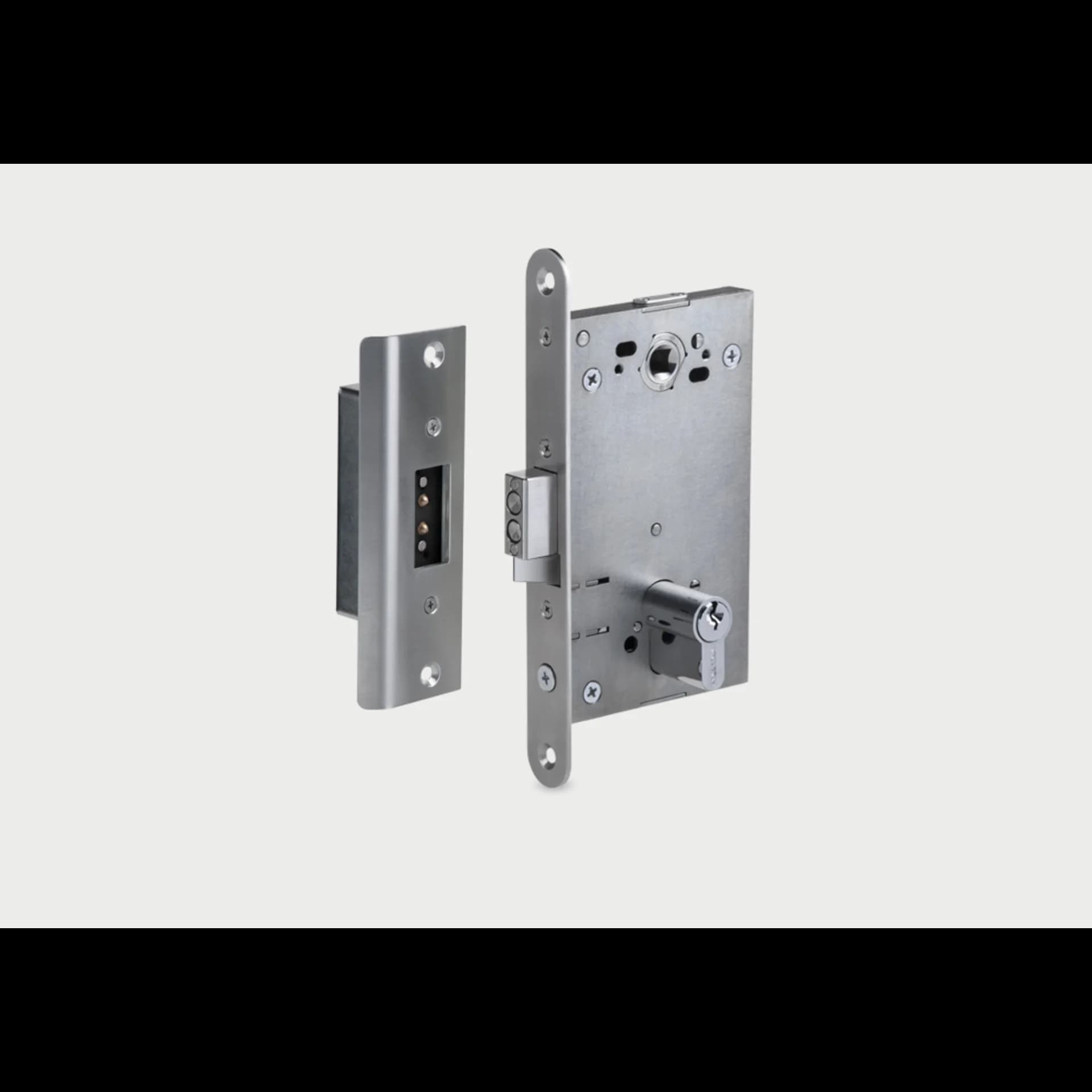 Врезной электромеханический замок PERCo-LB85.4 - с контактным устройством, нормально открытый, межцентровое расстояние 85 мм
