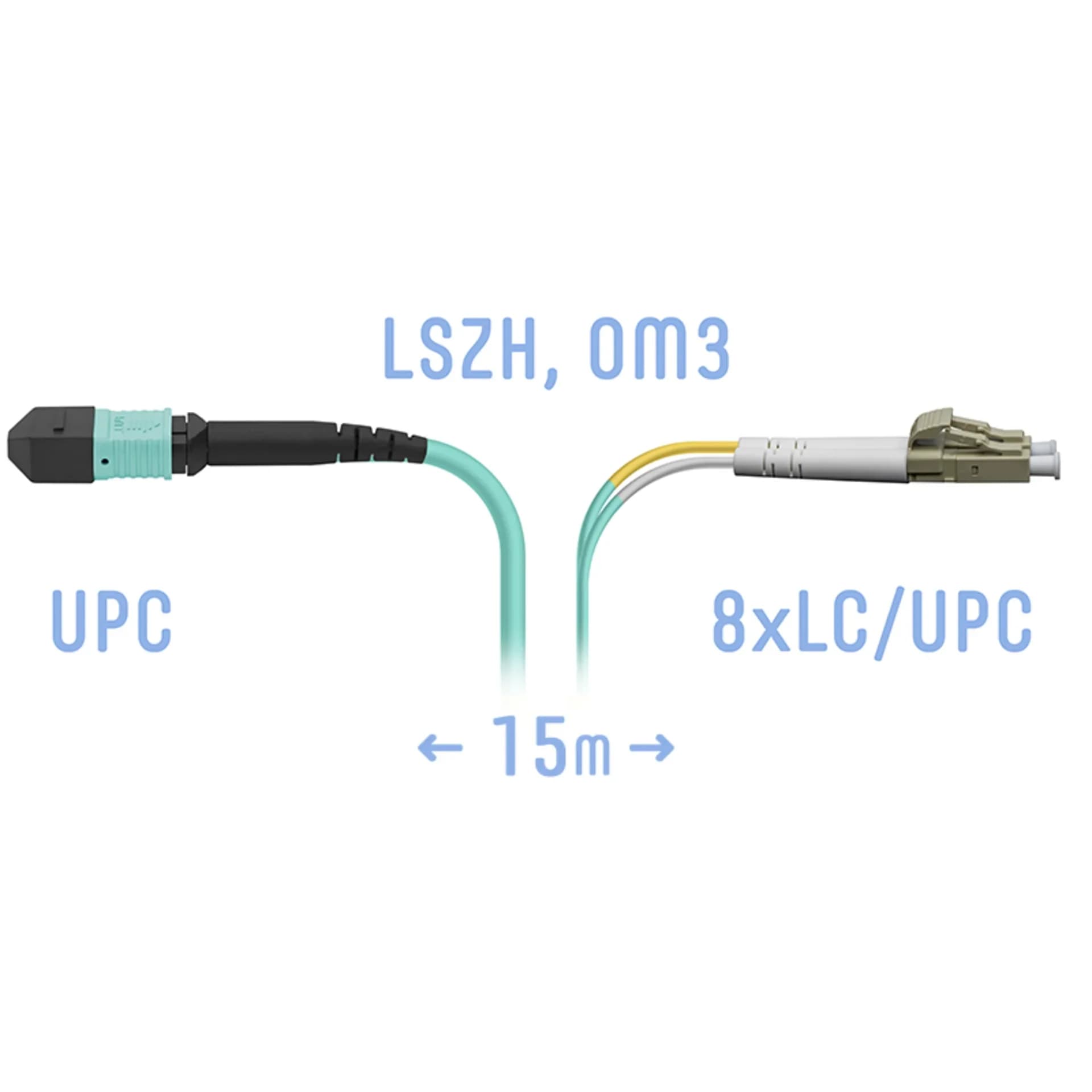 Патчкорд оптический MPO/UPC-8LC/UPC, DPX, MM (50/125 OM3), 15 метров
