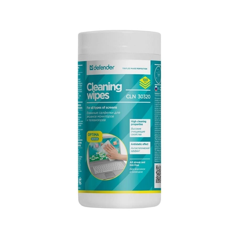 DEFENDER Влажные чистящие салфетки CLN 30320 для экранов в тубе, 100шт.