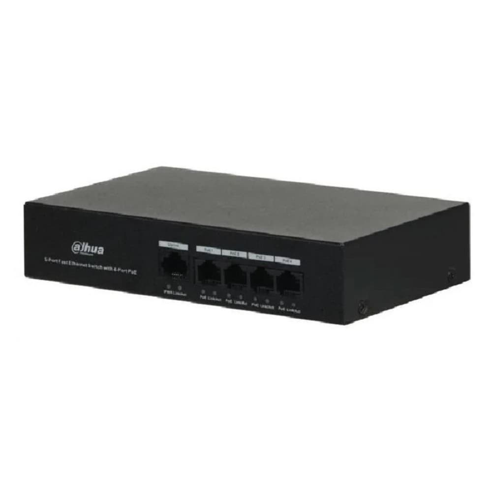 DAHUA DH-PFS3005-4ET-36 5-портовый неуправляемый коммутатор с РоЕ, 4xRJ45 100Mb PoE, 1xRJ45 100Mb, суммарно 36Вт, коммутация 1 Гбит/с, MAC-таблица 1К, металл