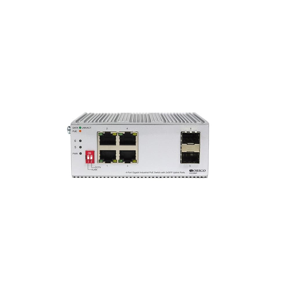 ORIGO OI2206P/120W/A1A Промышленный неуправляемый PoE-коммутатор 4x1000Base-T PoE+, 2x1000Base-X SFP, PoE-бюджет 120 Вт