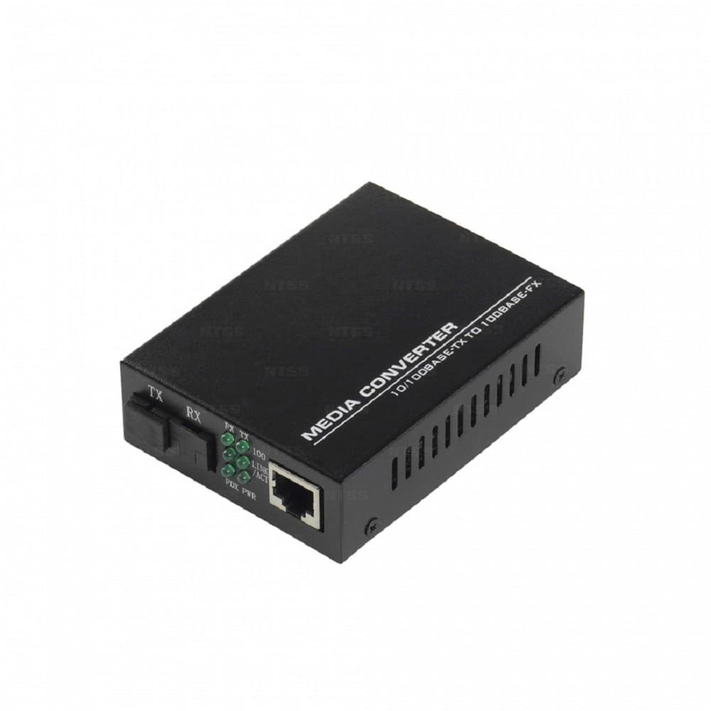 NTSS WDM медиаконвертер NTSS с RJ45 портом 10/100Base-T и 10/100Base-FX с разъемом SC, рабочая длина волны (передача/прием) 1310/1550 нм, SM, дальность до 20 км, DC 5В 2A NTSS-120A