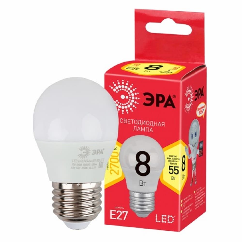 ЭРА Б0053028 Лампочка светодиодная RED LINE LED P45-8W-827-E27 R Е27 / E27 8 Вт шар теплый белый свет