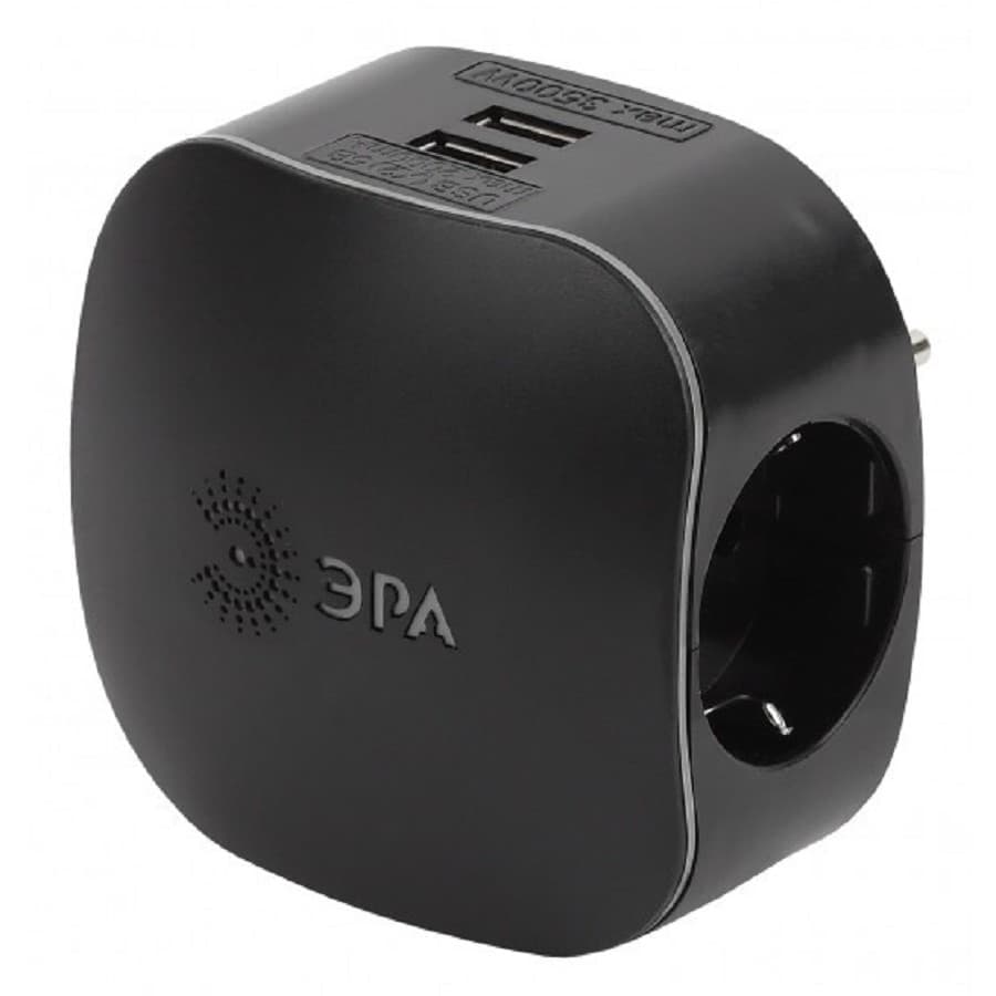 ЭРА Б0046364 Разветвитель электрический SP-3e-USB-BLACK на 3 розетки + 2 USB с заземлением со шторками 16А черный