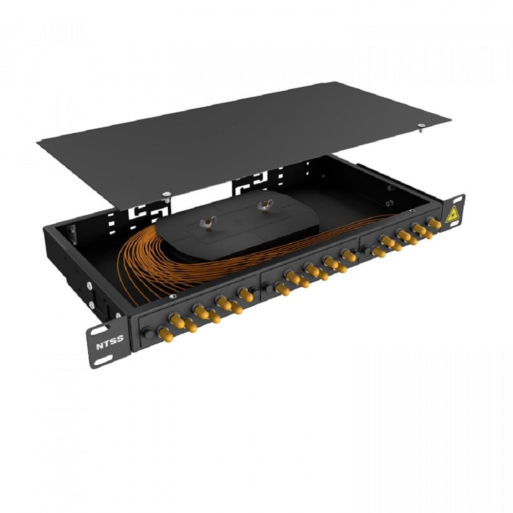 NTSS Кросс 19" NTSS PREMIUM, предсобранный 1U, 4 порта ST/UPC, 50/125 мкм, (сплайс, пигтейлы, кдзс, планки, адаптеры), черный, RAL9005 NTSS-RFOB-PM-1U-4-ST/U-50-SP1.5G2A-BL