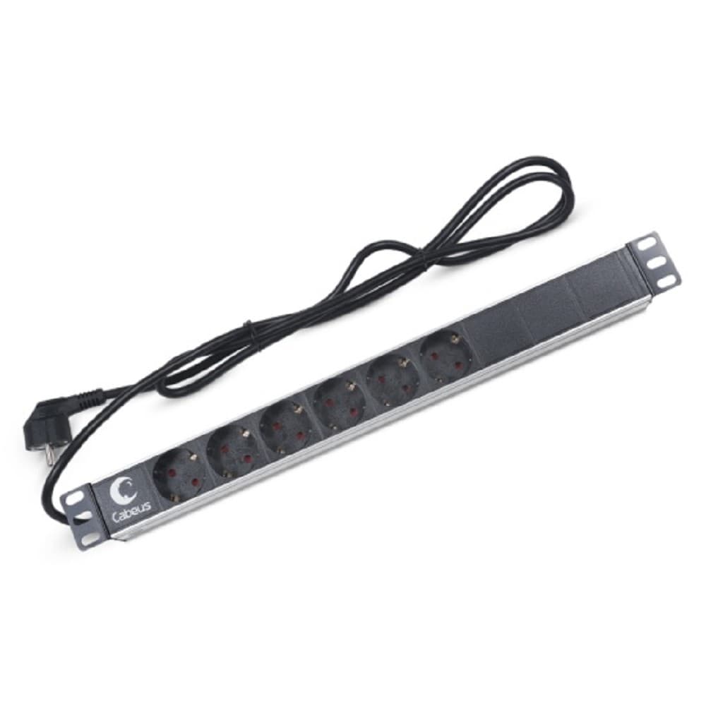 Cabeus PDU-6P-2EU Блок евророзеток для 19" шкафов, горизонтальный, 6 розеток, 16 A, без выключателя, шнур 2м, алюминиевый корпус, немецкий стандарт