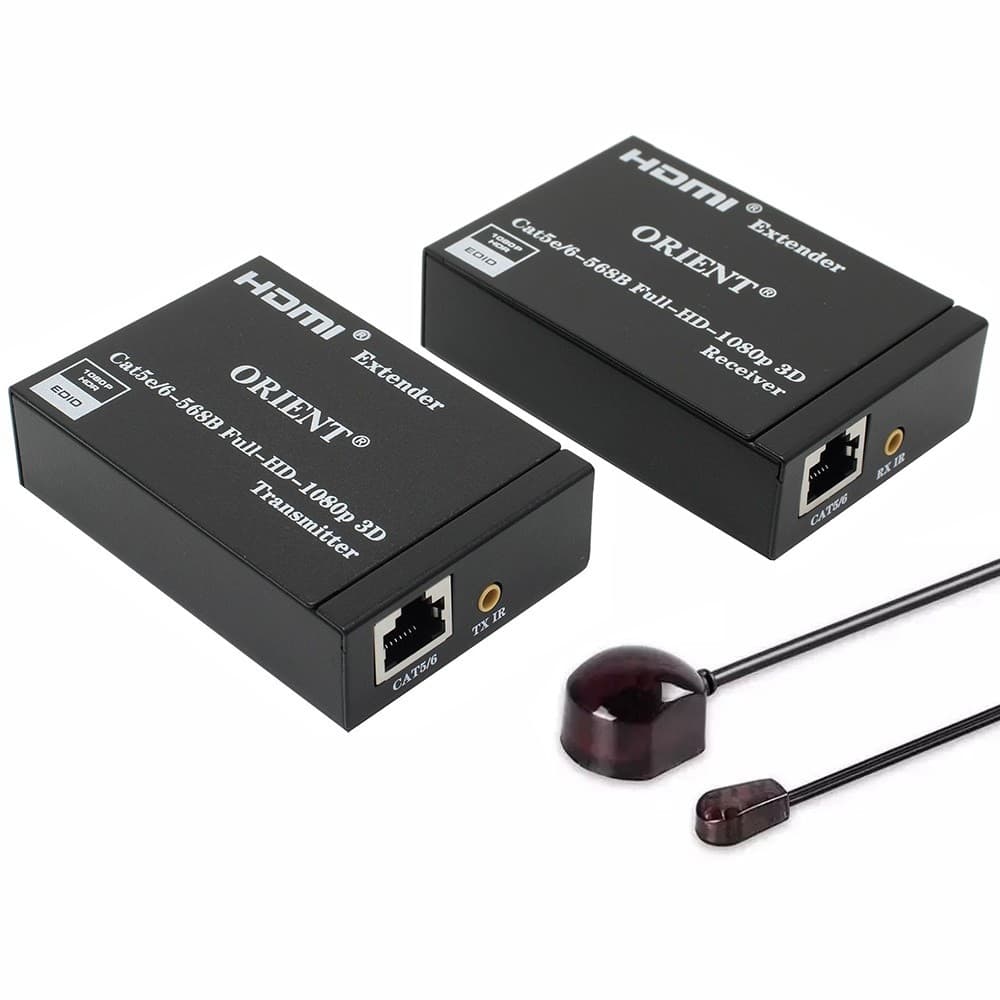 ORIENT VE045IR, HDMI extender (Tx+Rx), активный удлинитель до 60 м по витой паре Cat5e/6, HDMI 1.4а, 1080p@60Hz/3D, HDCP, доп. вых. HDMI, передача ИК сиг. упр.( IR-TX/Rx в компл), БП 5В/1А