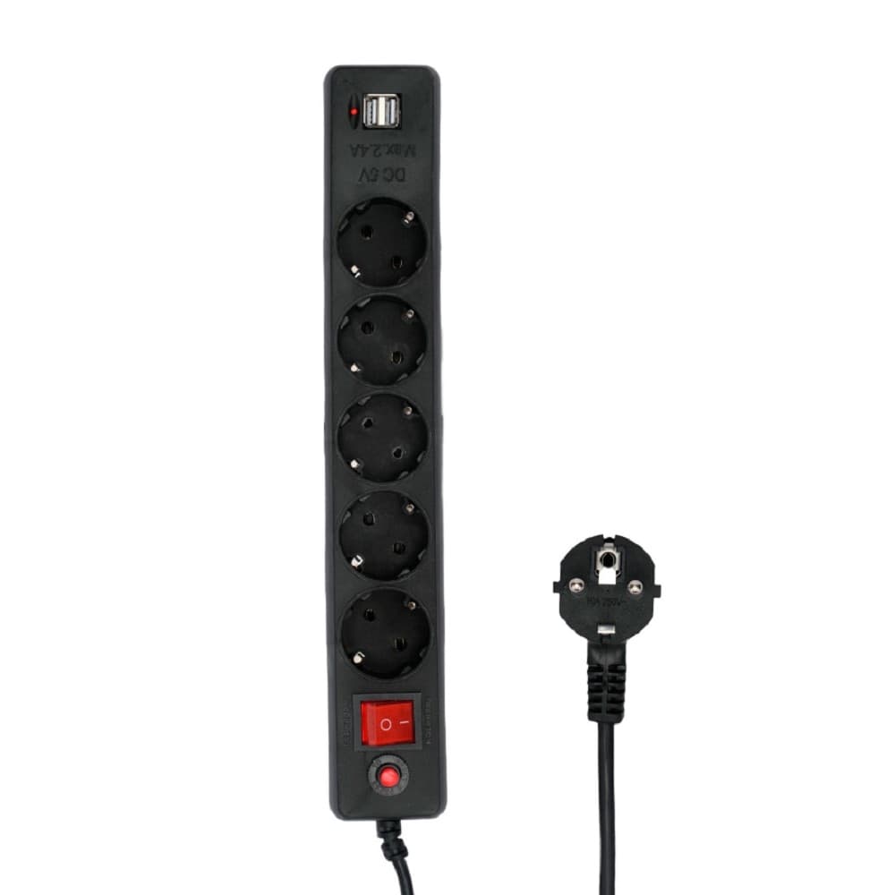 Сетевой фильтр Гарнизон 5 р, 10А, 2xUSB, 1.8 м, ур.защиты 4, черный, пакет