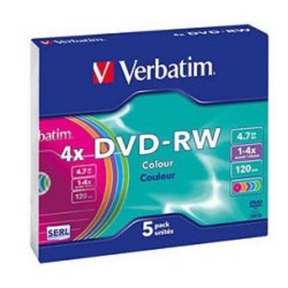 Verbatim Диск DVD-RW 4x, Colour, Slim, 5шт