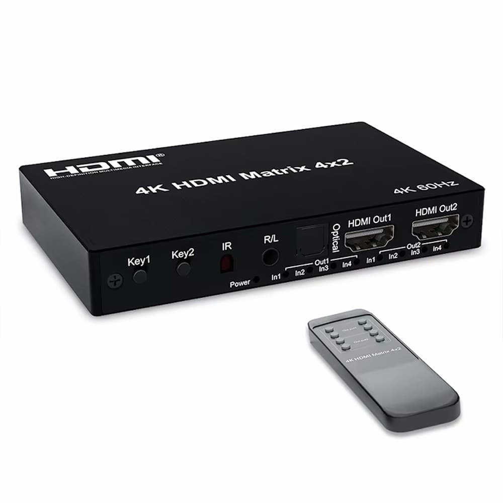 ORIENT HS0402H-2.0, HDMI матричный переключатель 4->2 с аудиовыходами, UHD 4K/60Гц (3840x2160), HDR, HDMI 2.0, HDCP 2.2, EDID управление, аудиовыходы: аналоговый jack 3.5 mm/ цифровой SPDIF