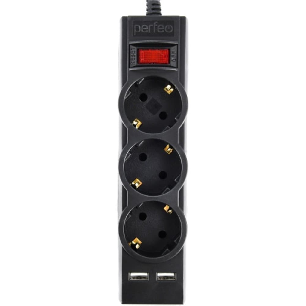 Perfeo сетевой фильтр "POWER-S", 3,0м, 3 розетки 10А, 2USB, 2500 Вт, двойная защита, черный.