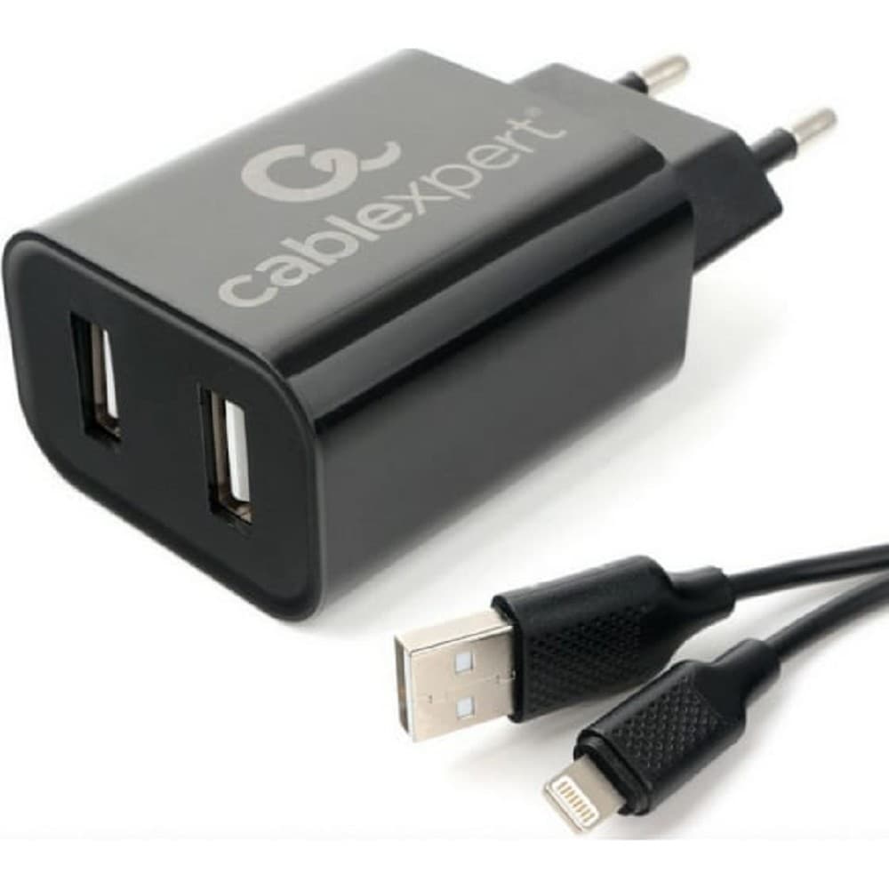 Cablexpert Зарядное устройство 12Вт, 2.4А, 2xUSB, кабель Lightning 1м, черный, коробка-блистер (MP3A-PC-36)