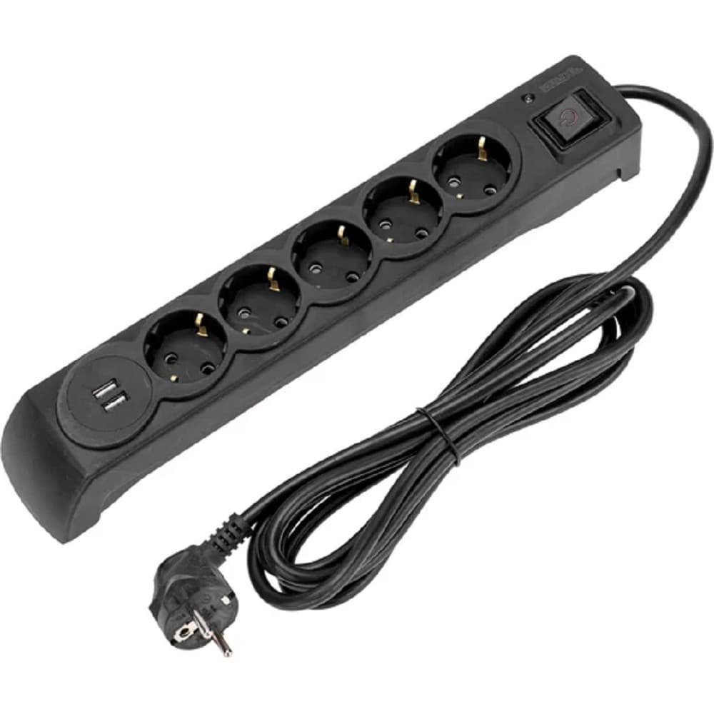 Kranz (13-4702) Фильтр сетевой 5 гнезд, 3м, 3х1,5мм?, с автовыкл, 2 USB, черный