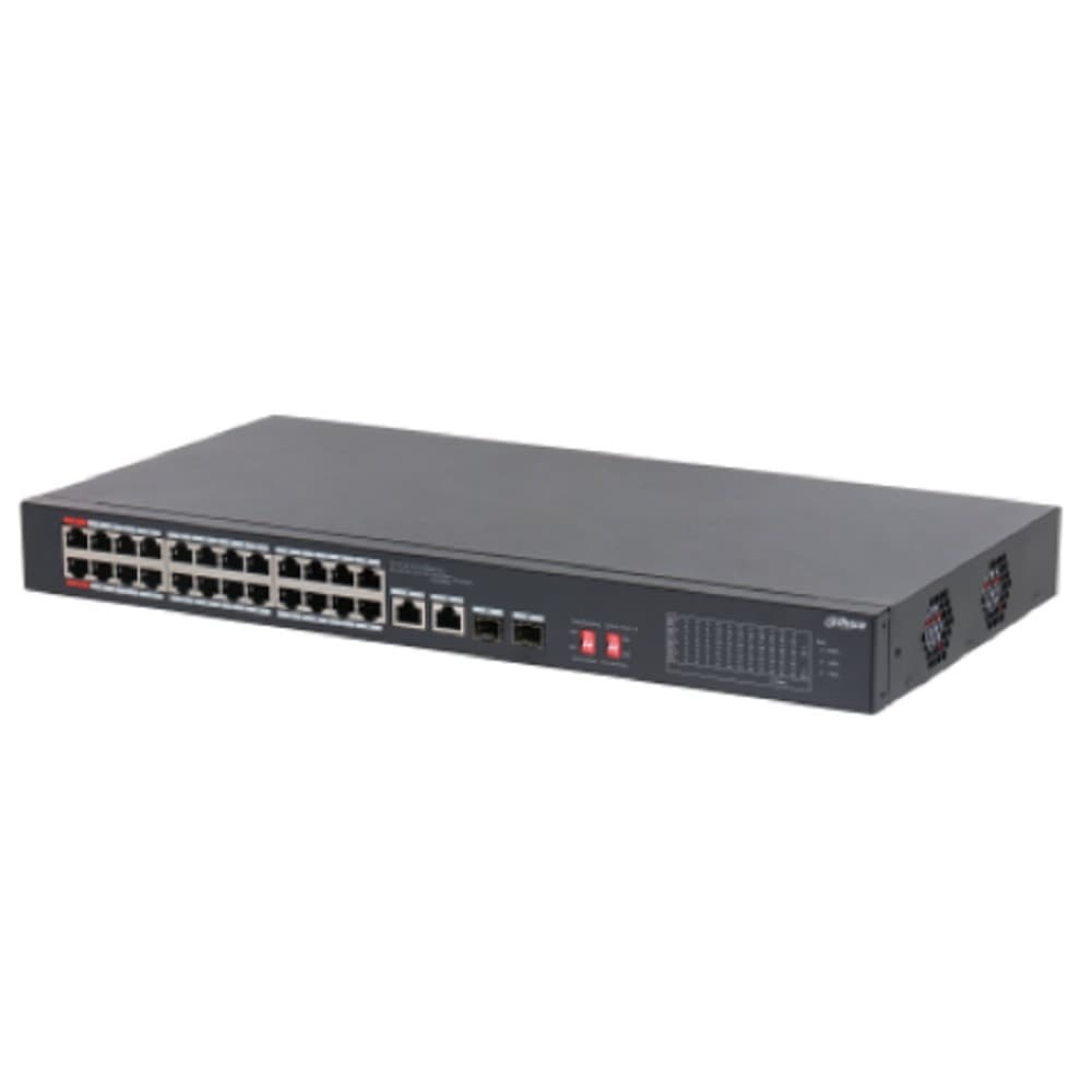 DAHUA DH-S3226-24ET-375 24-портовый неуправляемый коммутатор с РоЕ 24 RJ45 10/100Мбит/с (PoE/PoE+/Hi-PoE), 2 SFP/RJ45 10/100/1000Мбит/с (uplink); до 370Вт