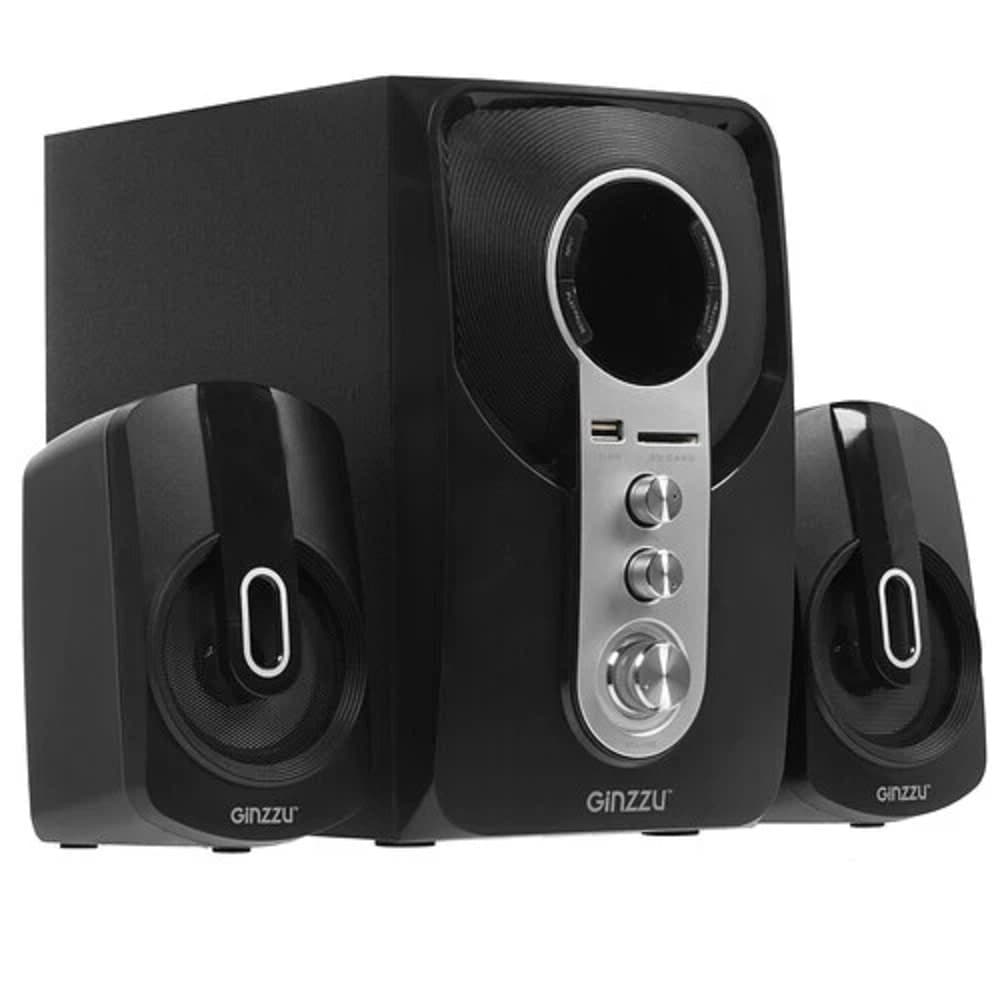 Ginzzu GM-405 2.1 с Bluetooth, выходная мощность 20Вт + 2х10Вт, аудиоплеер USB-flash, SD-card, FM-радио, пульт ДУ - 21 кнопка, стерео вход (2RCA), эквалайзер (обыч