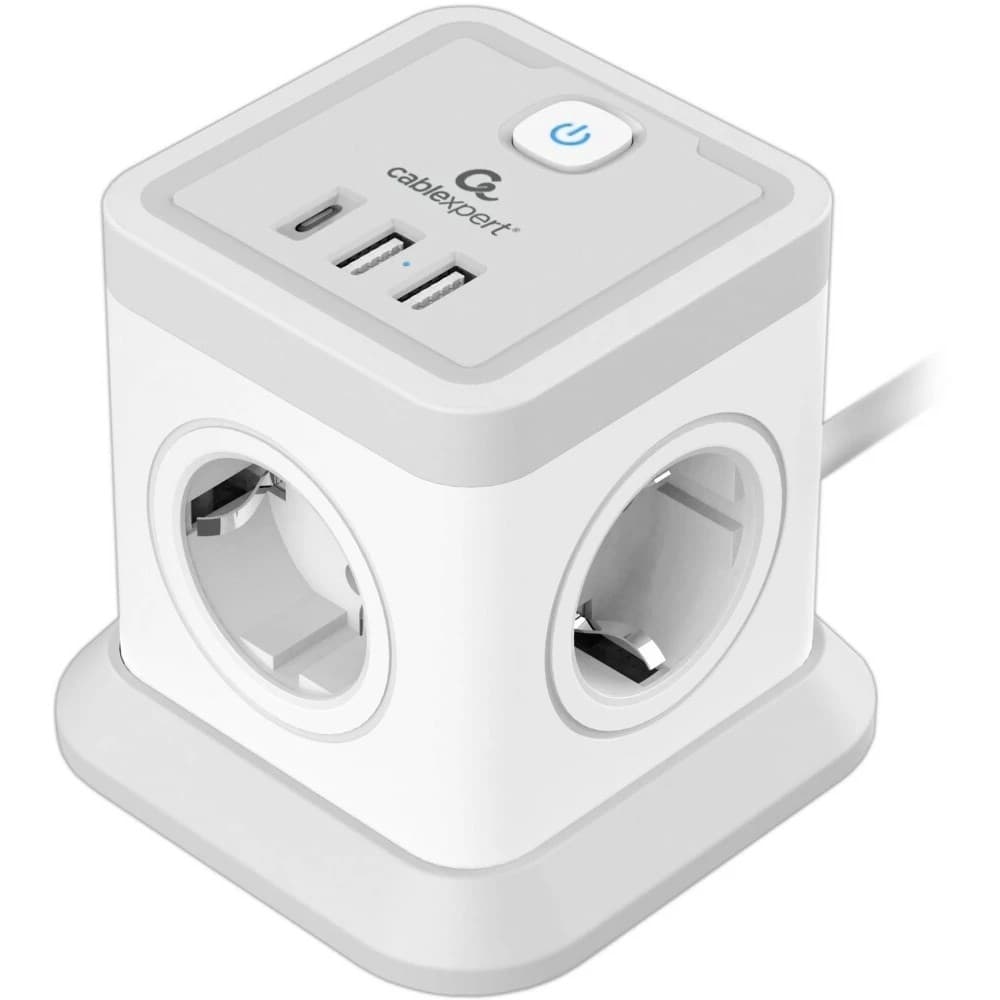 Cablexpert Сетевой фильтр Tower TWR-4-CU2-W-2 (4р, 10А, 1xType-C PD, 20Вт, 2 х USB, 2м, ур.защиты 2+) белый, коробка