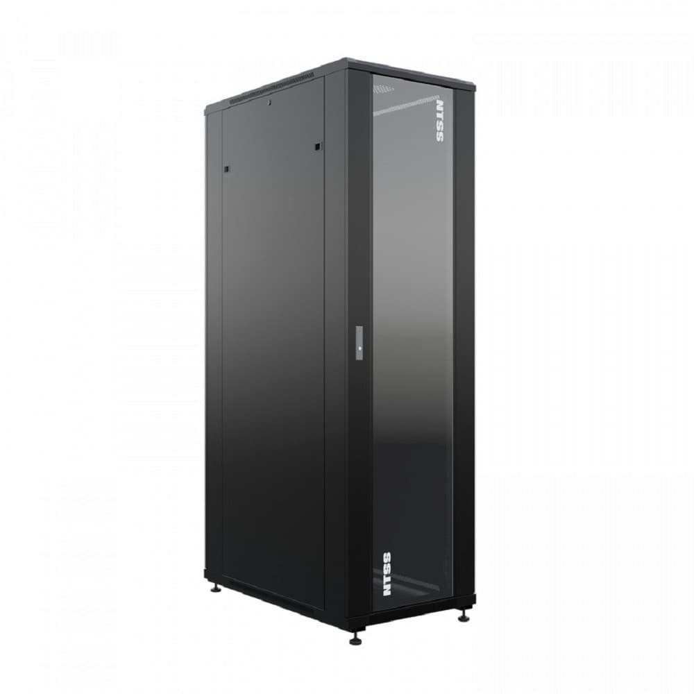 NTSS Шкаф напольный универсальный серверный NTSS R 42U 600х1000мм, 4 профиля 19, двери стекло и сплошная металл, боковые стенки съемные, регулируемые опоры, разобранный, черный RAL 9005 NTSS-R42U60100