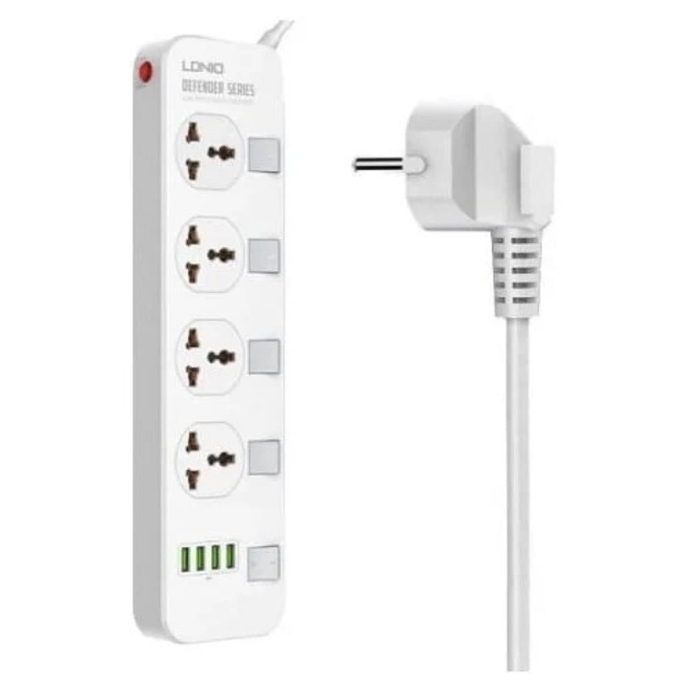 Perfeo LD_B4610 LDNIO SC4408/ Сетевой фильтр 2м/ 4 розетки EU_UK_US/ 2500W/ 4 USB/ Выключатели на розетки/ White