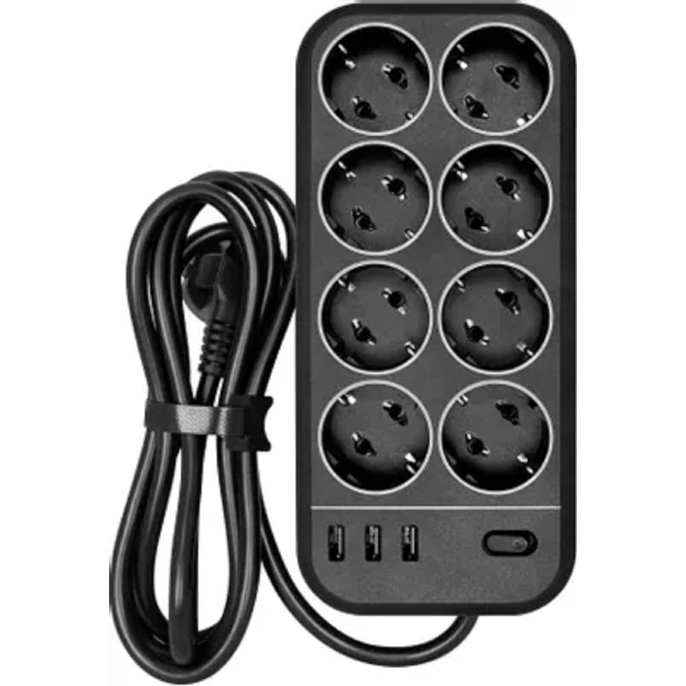 PowerCom Сетевой фильтр SP-08 USB03AB 3,0 m 3.0м (8 розеток) черный (коробка)