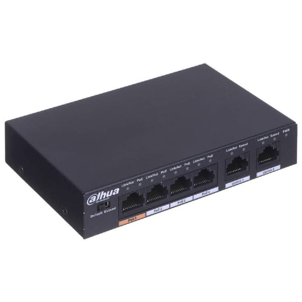 DAHUA DH-PFS3006-4ET-60 4-портовый неуправляемый коммутатор с РоЕ, 4xRJ45 100Mb PoE, 2xRJ45 100Mb uplink, суммарно 60Вт, коммутация 1.8 Гбит/с, MAC-таблица 2К, металл