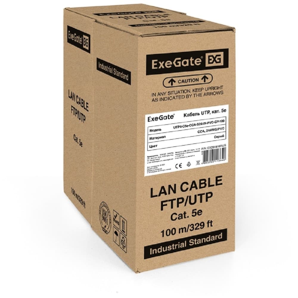 Exegate EX281816RUS Кабель Exegate UTP4-C5e-CCA-S24-IN-PVC-GY-100 UTP 4 пары кат.5e CCA, 24AWG, бухта 100м, серый, PVC