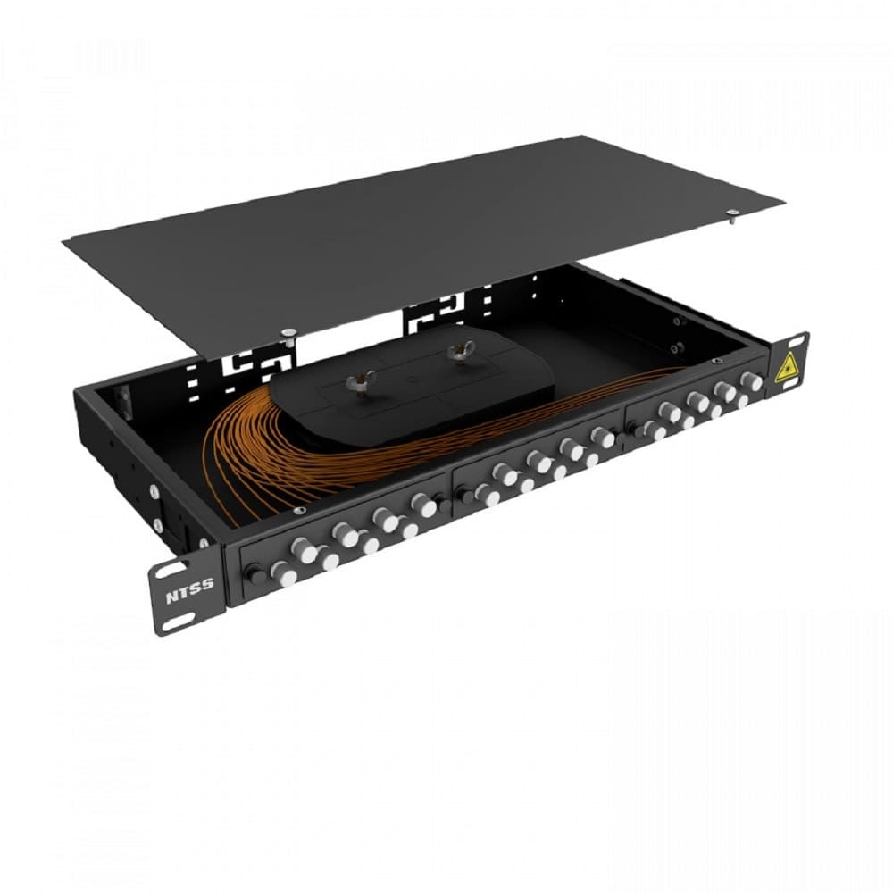 NTSS Кросс 19" NTSS PREMIUM, предсобранный 1U, 4 порта FC/UPC, 50/125 мкм, (сплайс, пигтейлы, кдзс, планки, адаптеры), черный, RAL9005 NTSS-RFOB-PM-1U-4-FC/U-50-SP1.5G2A-BL