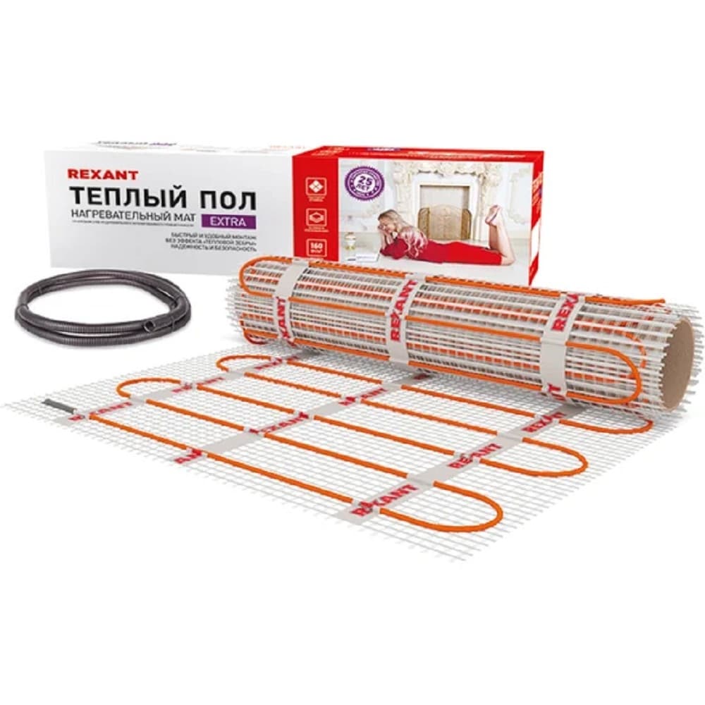 Rexant 51-0514 Теплый пол (нагревательный МАТ) Extra, площадь 7,0 м2 (0,5 х 14,0 метров), 1120Вт, (двух жильный)