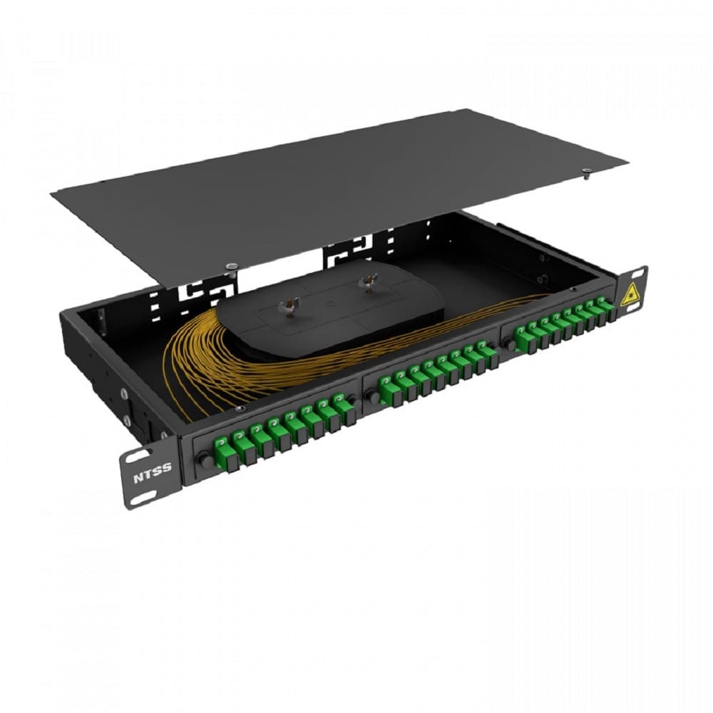 NTSS Кросс 19" NTSS PREMIUM, предсобранный 1U, 4 порта SC/APC, 9/125 мкм, (сплайс, пигтейлы, кдзс, планки, адаптеры), черный, RAL9005 NTSS-RFOB-PM-1U-4-SC/A-9-SP1.5G1A-BL